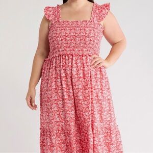 Max Studio Smocked Floral Midi Sundress.‎ Square Neck.  Red. NWT. Size 1X